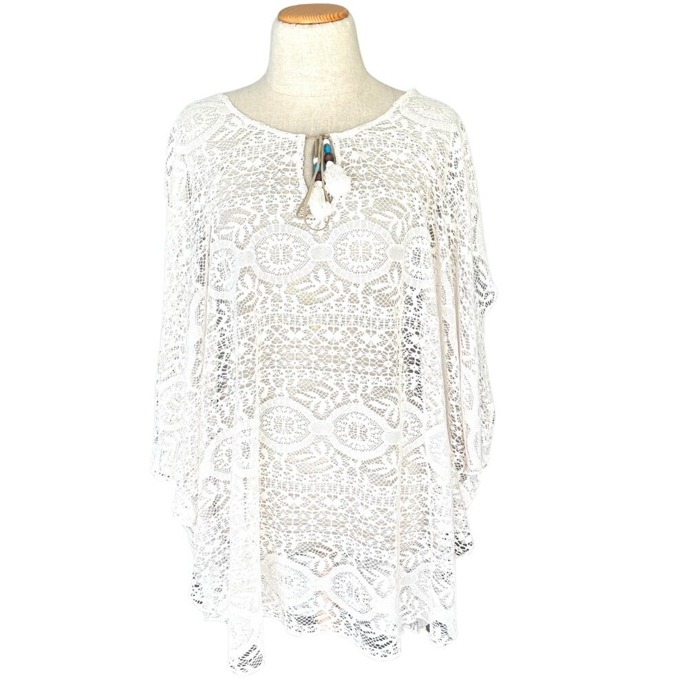 Lace‎ Poncho Top Womens OS White Boho Tassel Bead Sheer Coverup Western Crochet